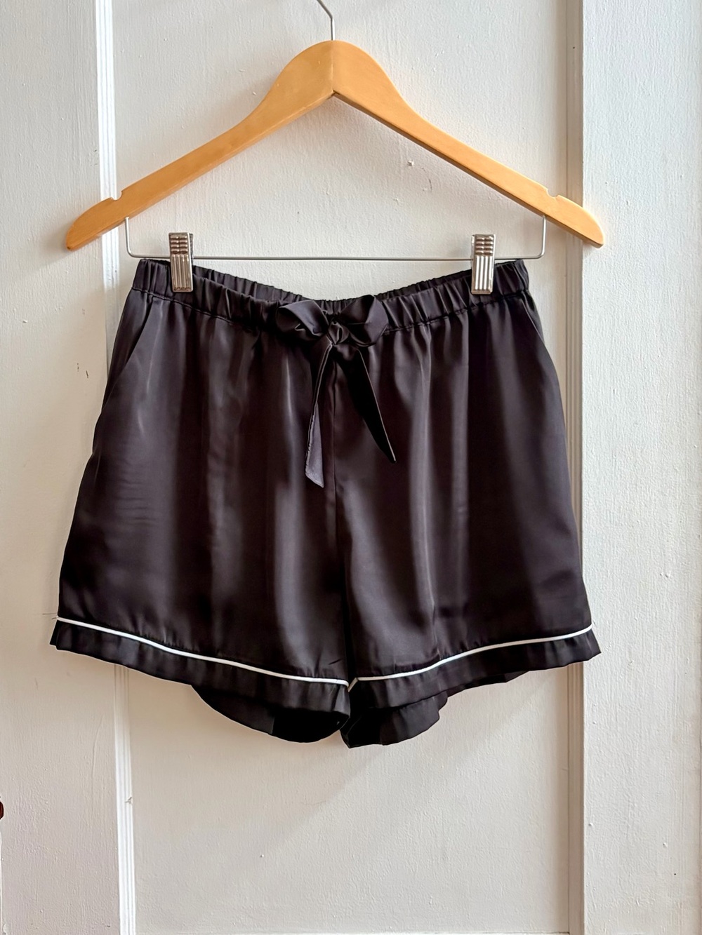 Black Satin Drawstring Sleep Shorts with White Piping